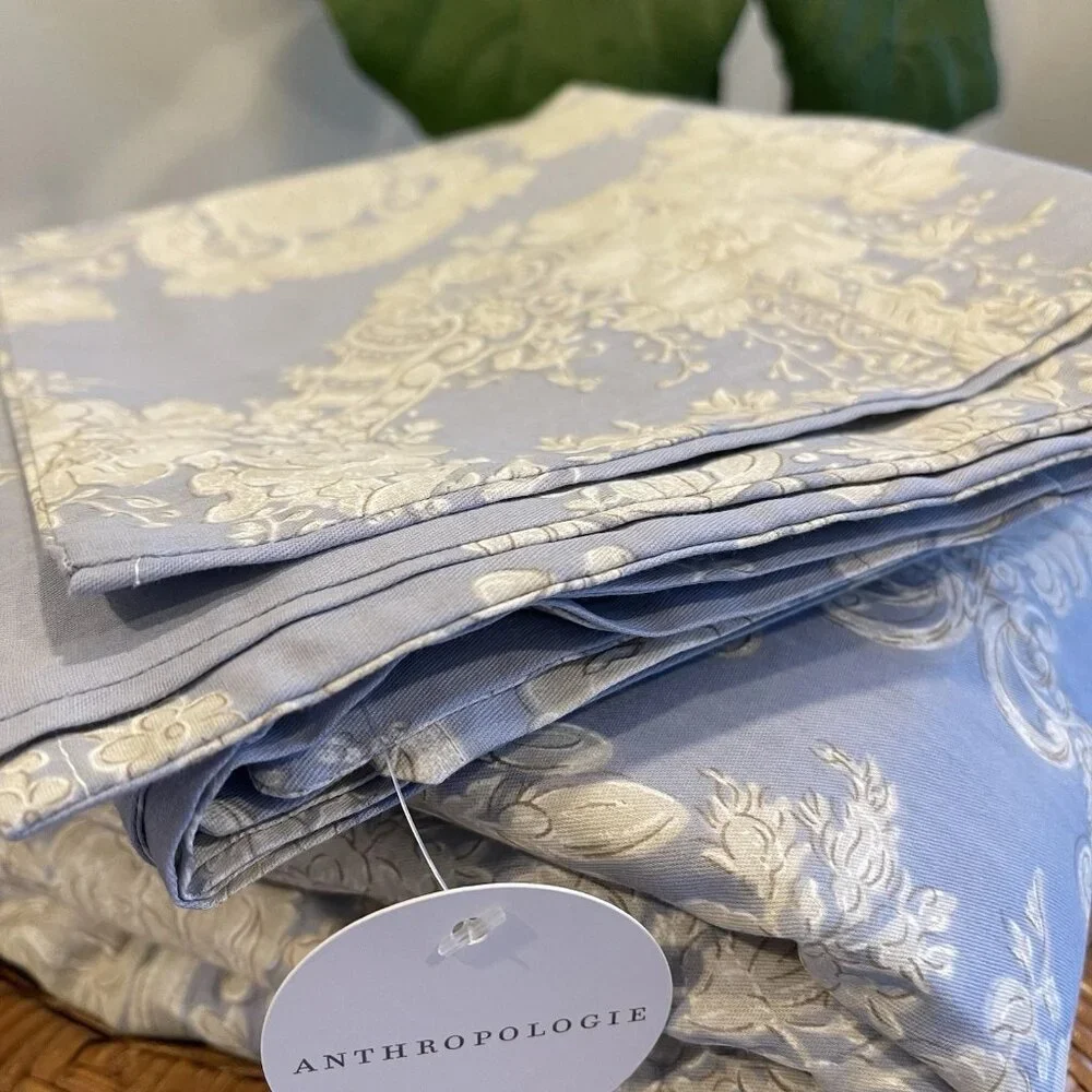 NEW Anthro Blue Damask Luxury 100% Cotton Boho Queen King Bedding Duvet Sham Set